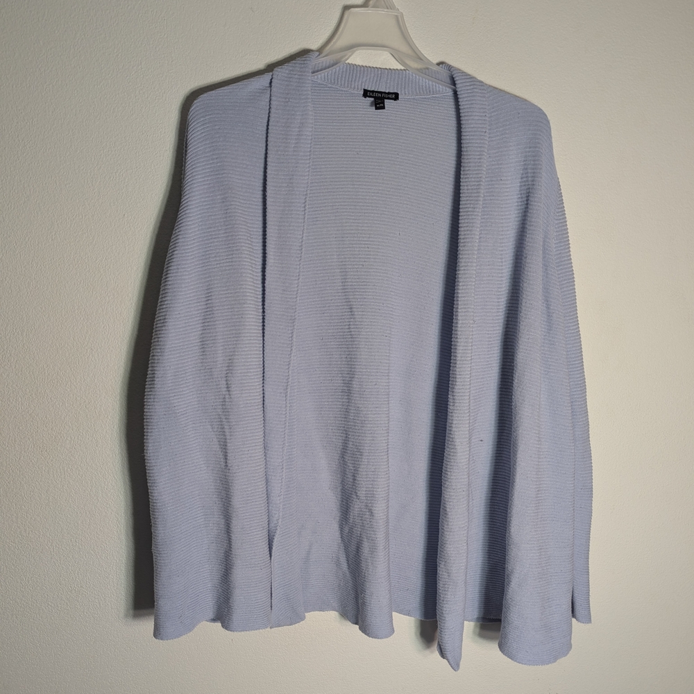 Eileen Fisher Womens Open Cardigan Sweater‎ Organic Linen Cotton Ribbed Blue XL